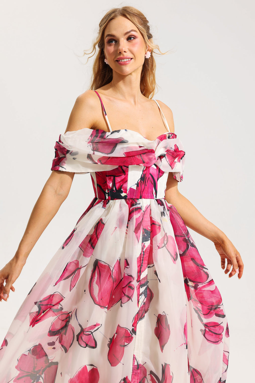 Flowering Girl Women Floral Off-Shoulder Pleated Midi Dress