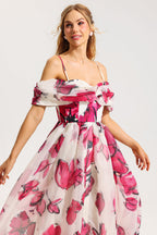 Flowering Girl Women Floral Off-Shoulder Pleated Midi Dress