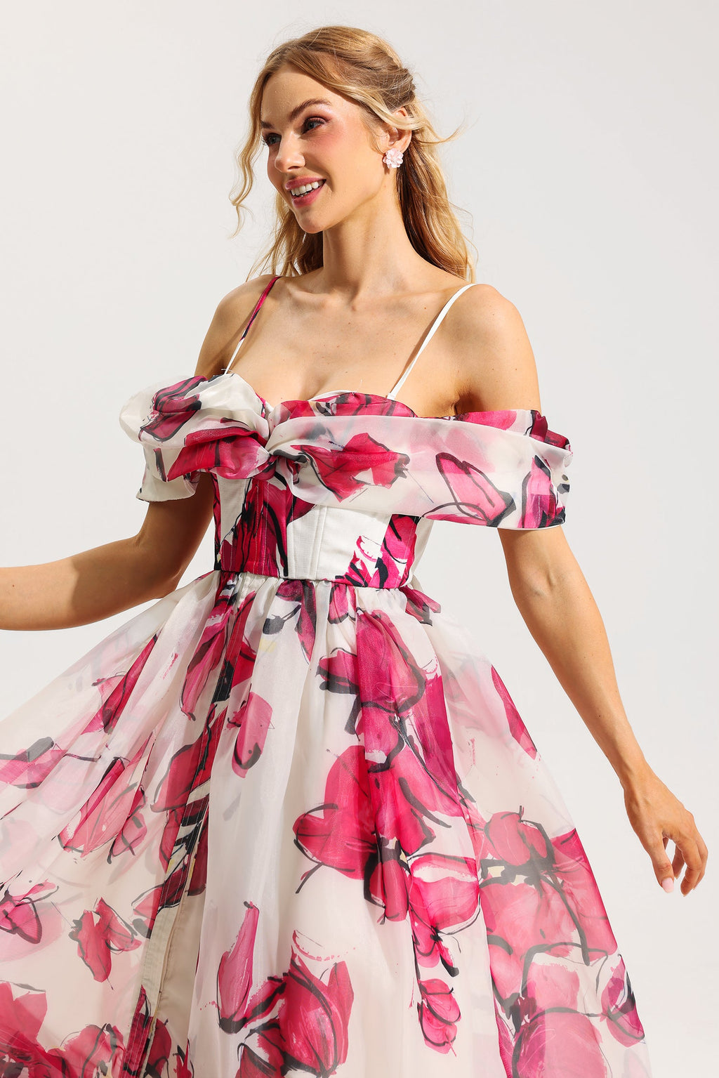 Flowering Girl Women Floral Off-Shoulder Pleated Midi Dress