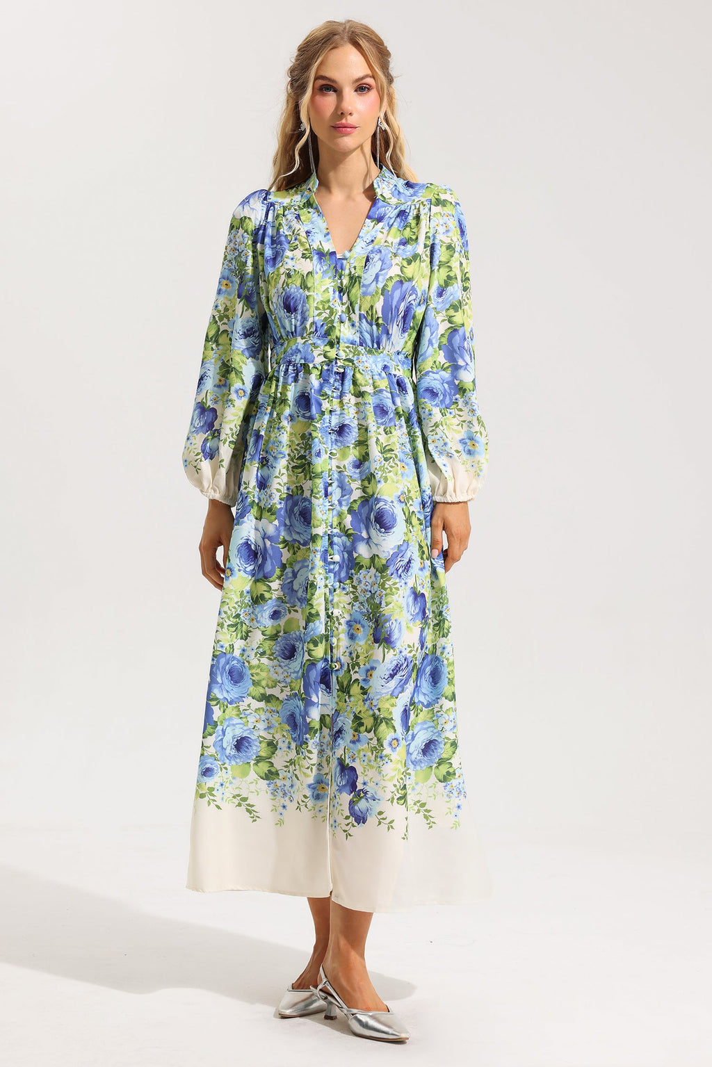 Flowering Girl Women Floral Bottom Lantern Sleeve Midi Dress