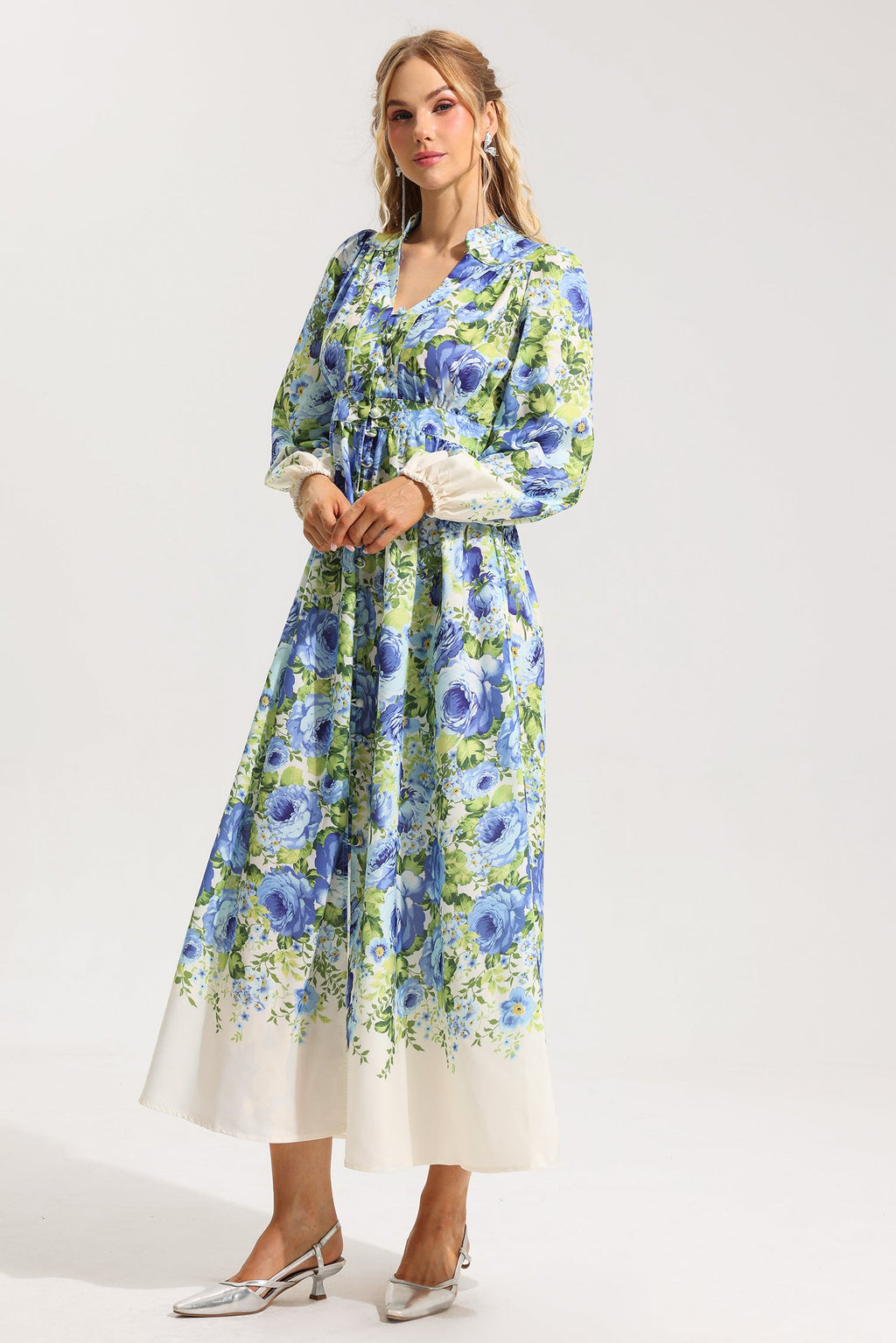 Flowering Girl Women Floral Bottom Lantern Sleeve Midi Dress