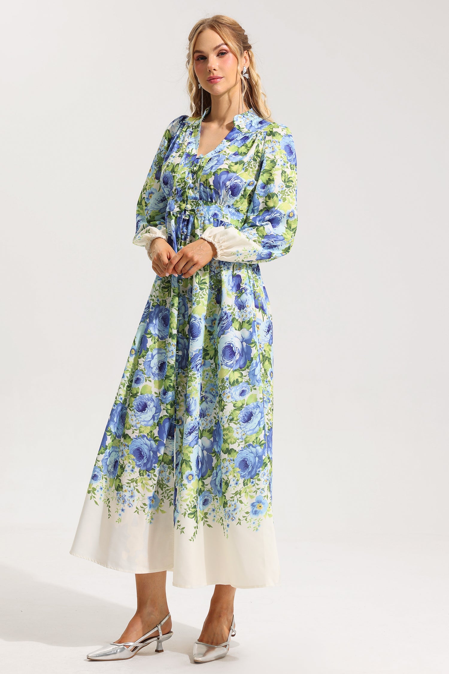 Flowering Girl Women Floral Bottom Lantern Sleeve Midi Dress