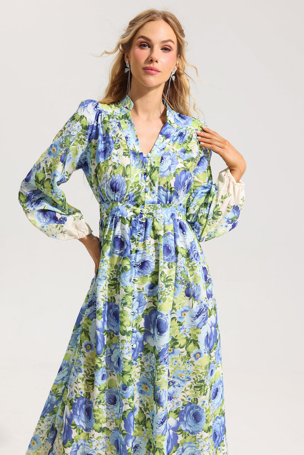 Flowering Girl Women Floral Bottom Lantern Sleeve Midi Dress