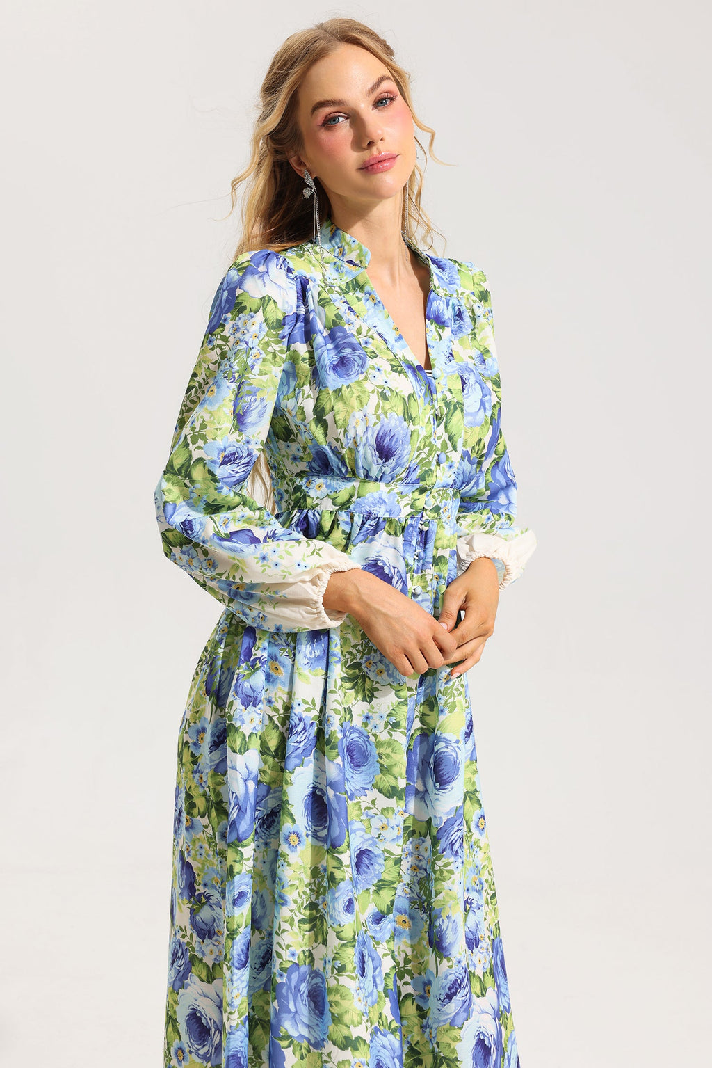 Flowering Girl Women Floral Bottom Lantern Sleeve Midi Dress