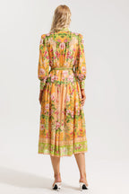 Flowering Girl Women Floral Bottom Lantern Sleeve Midi Dress With Belt