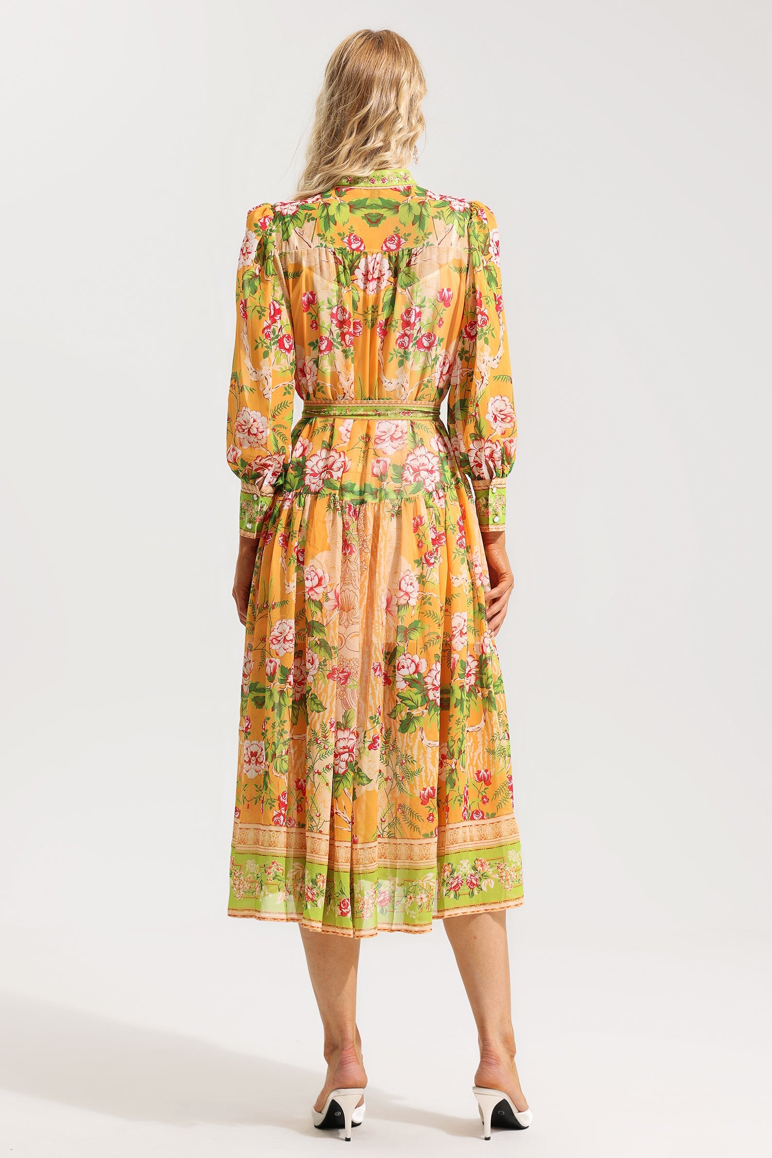 Flowering Girl Women Floral Bottom Lantern Sleeve Midi Dress With Belt
