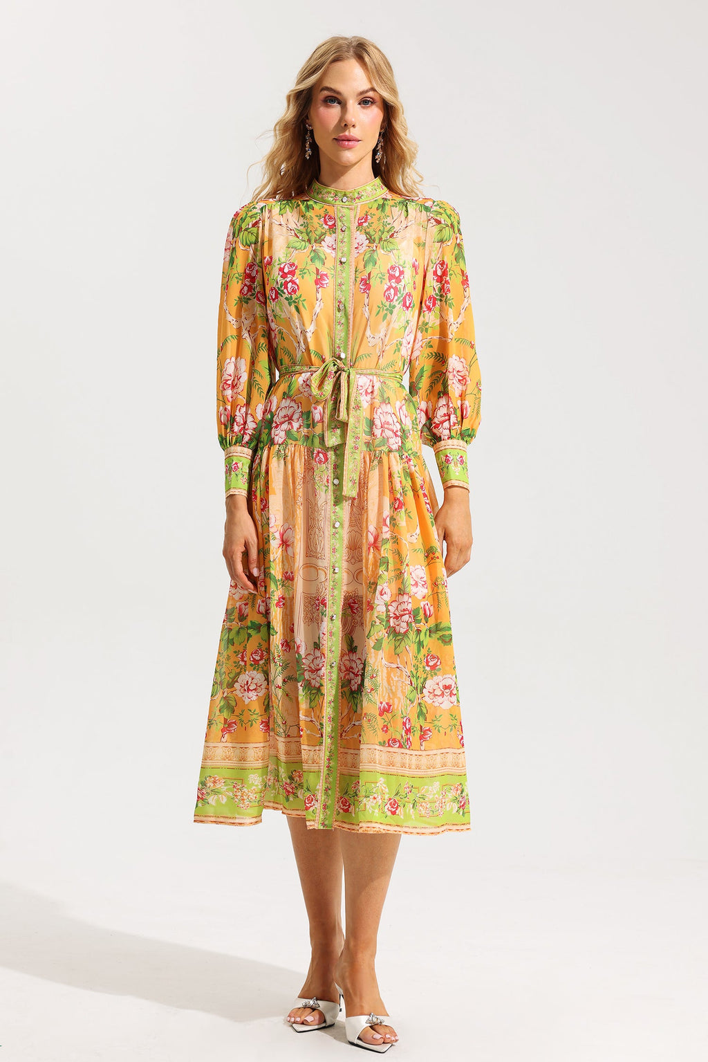 Flowering Girl Women Floral Bottom Lantern Sleeve Midi Dress With Belt