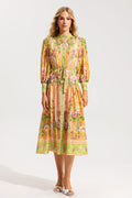 Flowering Girl Women Floral Bottom Lantern Sleeve Midi Dress With Belt