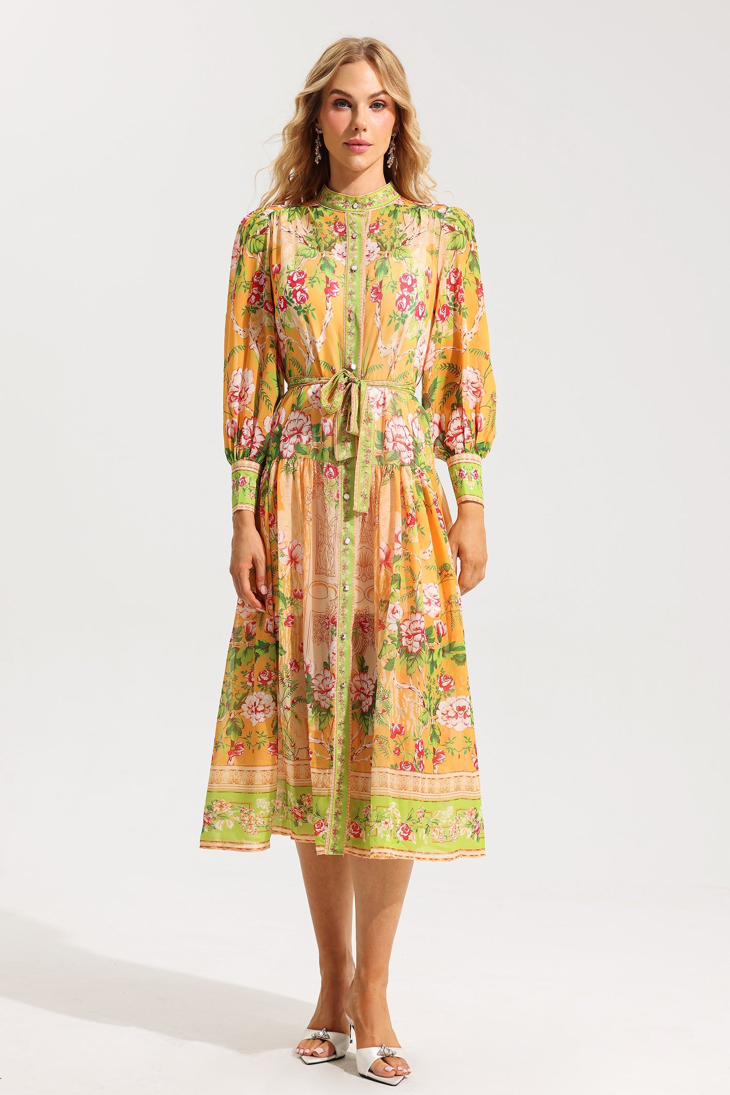 Flowering Girl Women Floral Bottom Lantern Sleeve Midi Dress With Belt