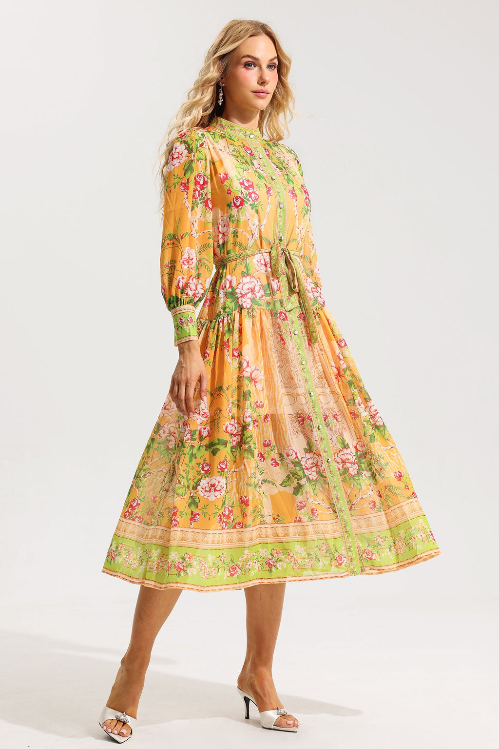 Flowering Girl Women Floral Bottom Lantern Sleeve Midi Dress With Belt