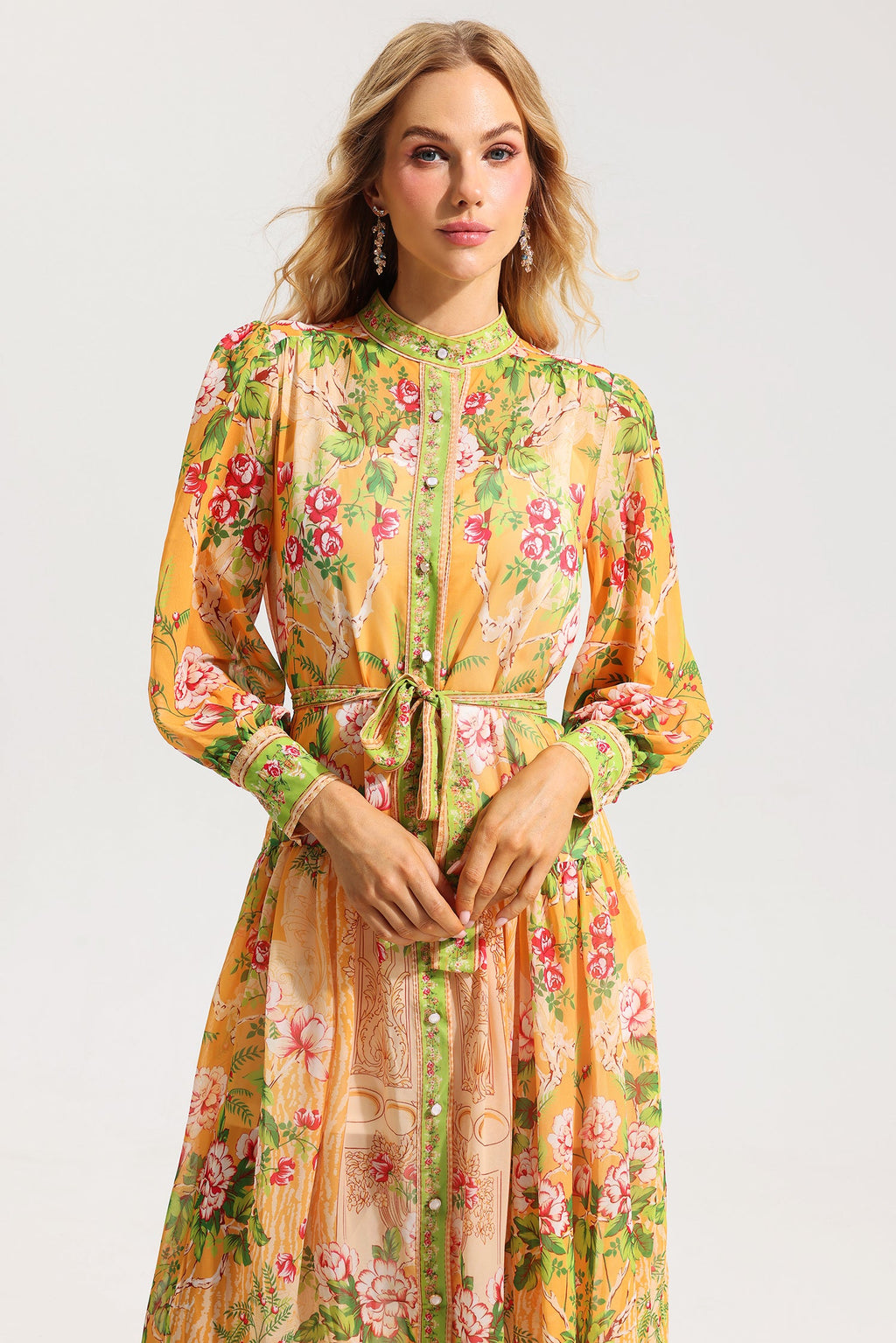Flowering Girl Women Floral Bottom Lantern Sleeve Midi Dress With Belt