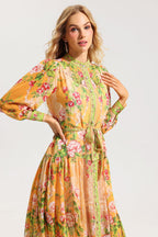Flowering Girl Women Floral Bottom Lantern Sleeve Midi Dress With Belt