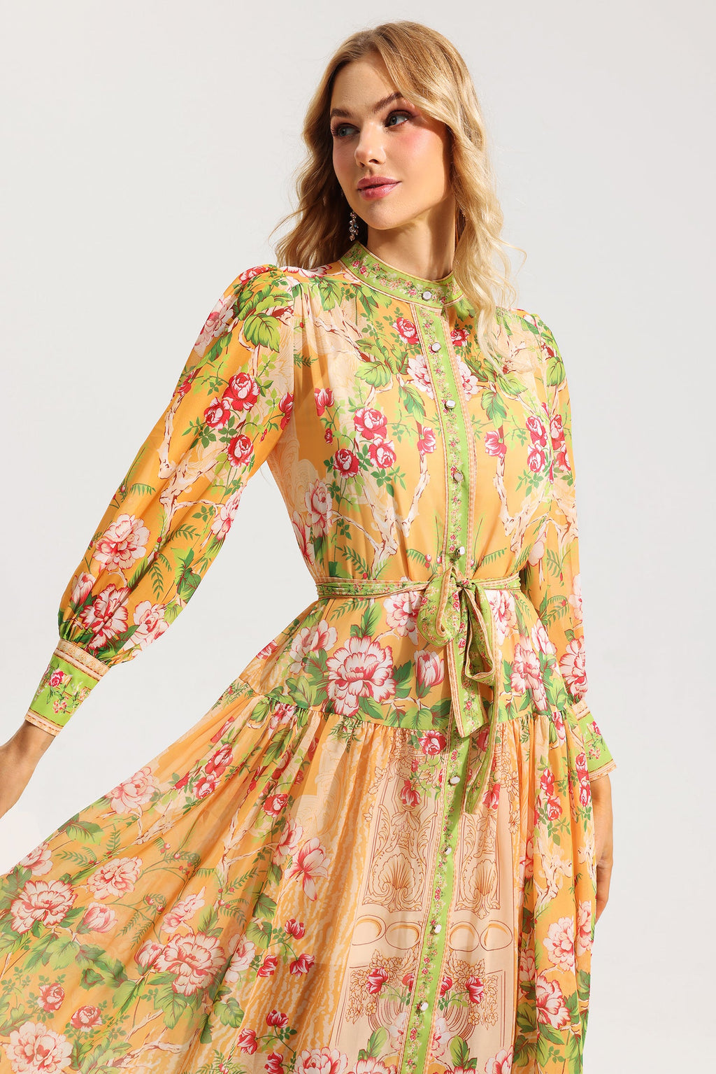 Flowering Girl Women Floral Bottom Lantern Sleeve Midi Dress With Belt