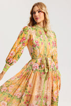 Flowering Girl Women Floral Bottom Lantern Sleeve Midi Dress With Belt