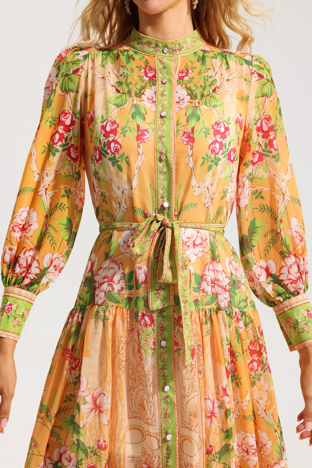 Flowering Girl Women Floral Bottom Lantern Sleeve Midi Dress With Belt