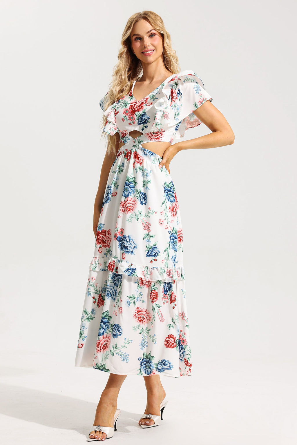 Flowering Girl Women Floral Agaric Lace V-Neck Cut-Out Midi Dress