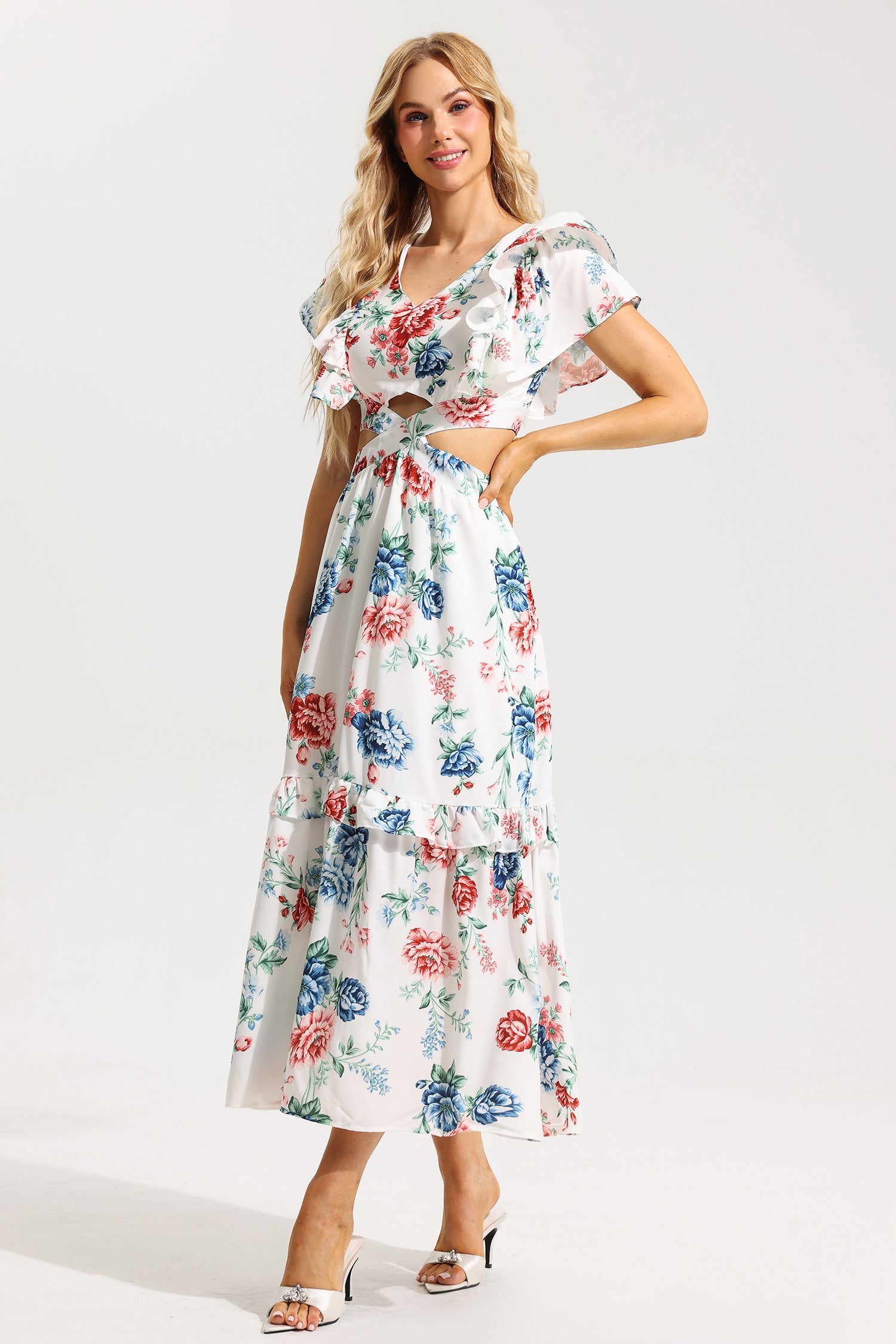 Flowering Girl Women Floral Agaric Lace V-Neck Cut-Out Midi Dress