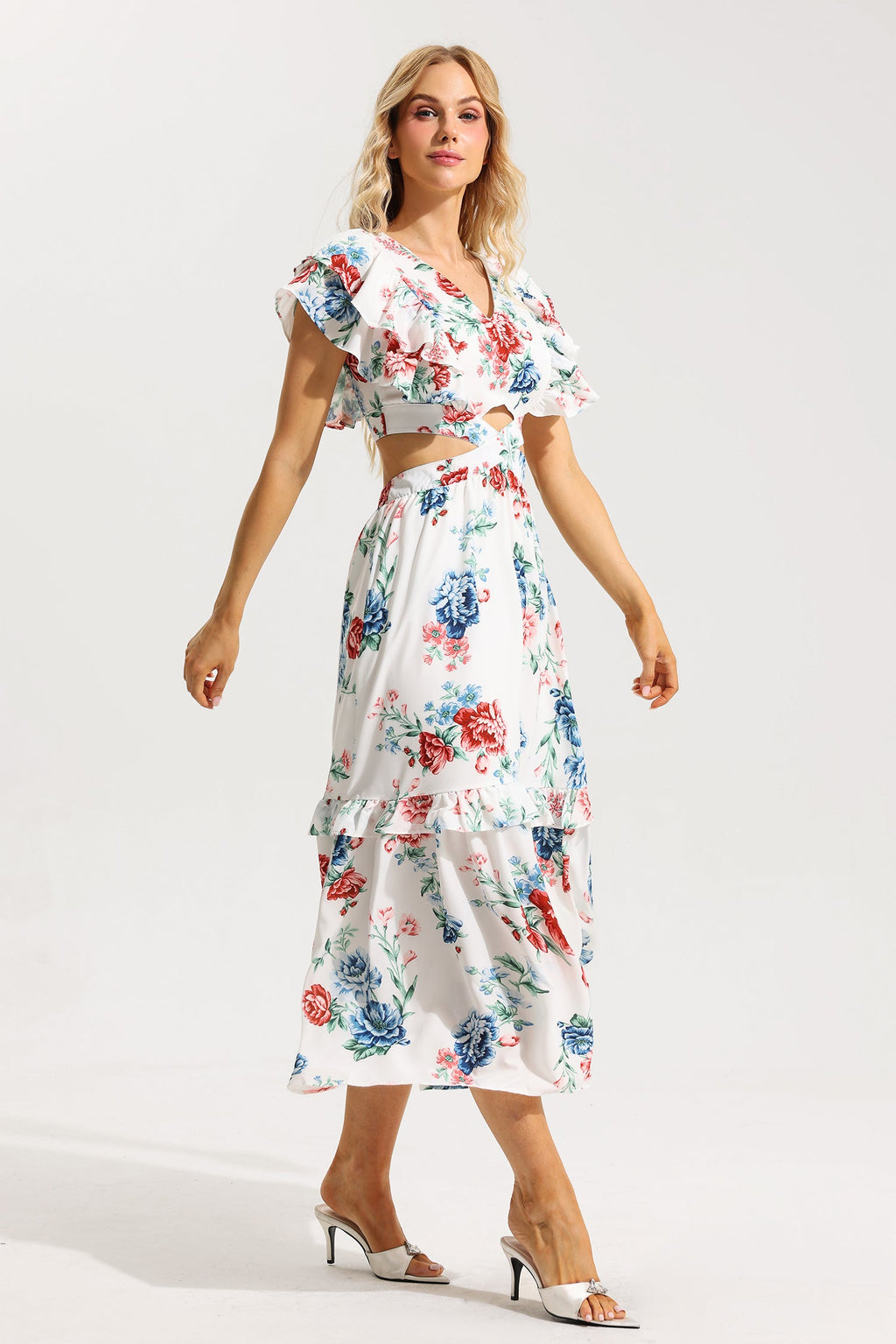Flowering Girl Women Floral Agaric Lace V-Neck Cut-Out Midi Dress