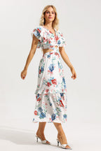 Flowering Girl Women Floral Agaric Lace V-Neck Cut-Out Midi Dress