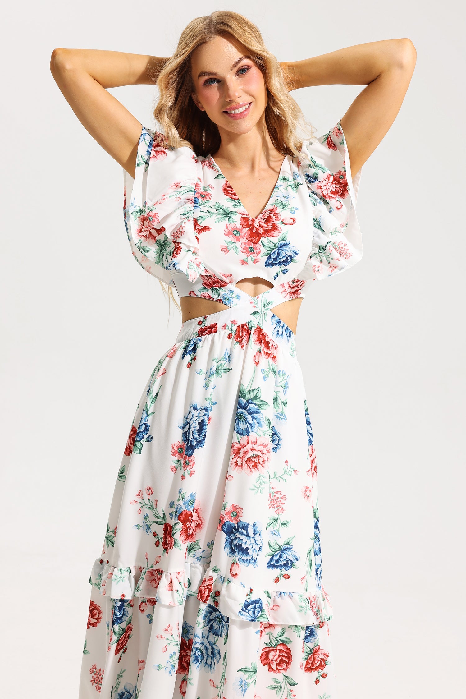 Flowering Girl Women Floral Agaric Lace V-Neck Cut-Out Midi Dress