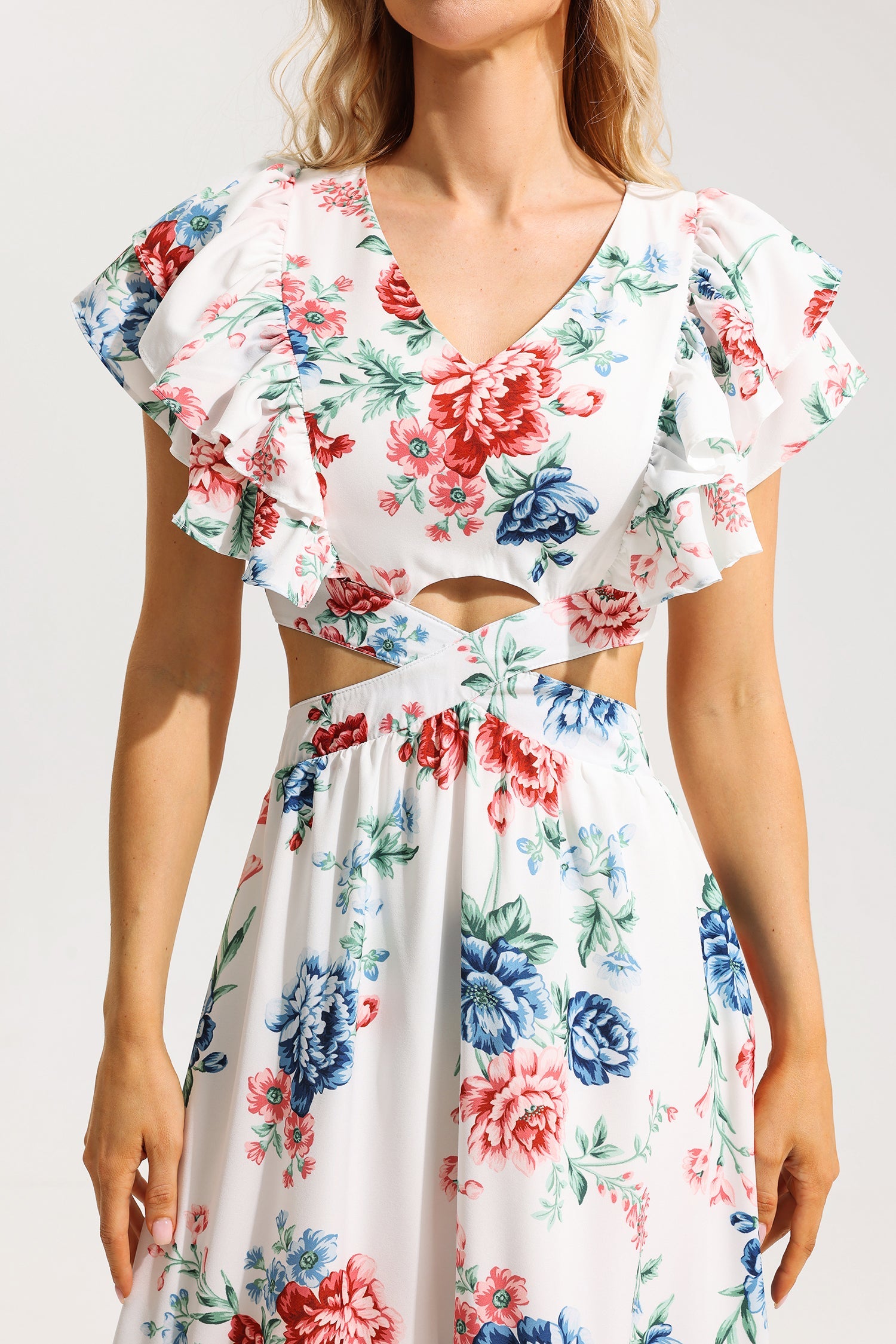 Flowering Girl Women Floral Agaric Lace V-Neck Cut-Out Midi Dress