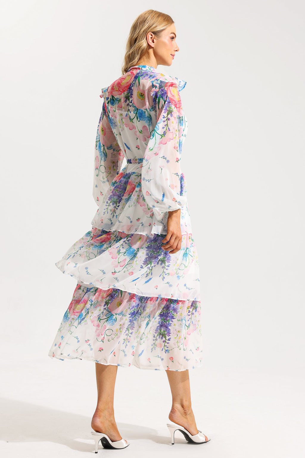 Flowering Girl Women Floral Ruffle Long Sleeve Midi Dress With Belt