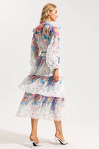 Flowering Girl Women Floral Ruffle Long Sleeve Midi Dress With Belt