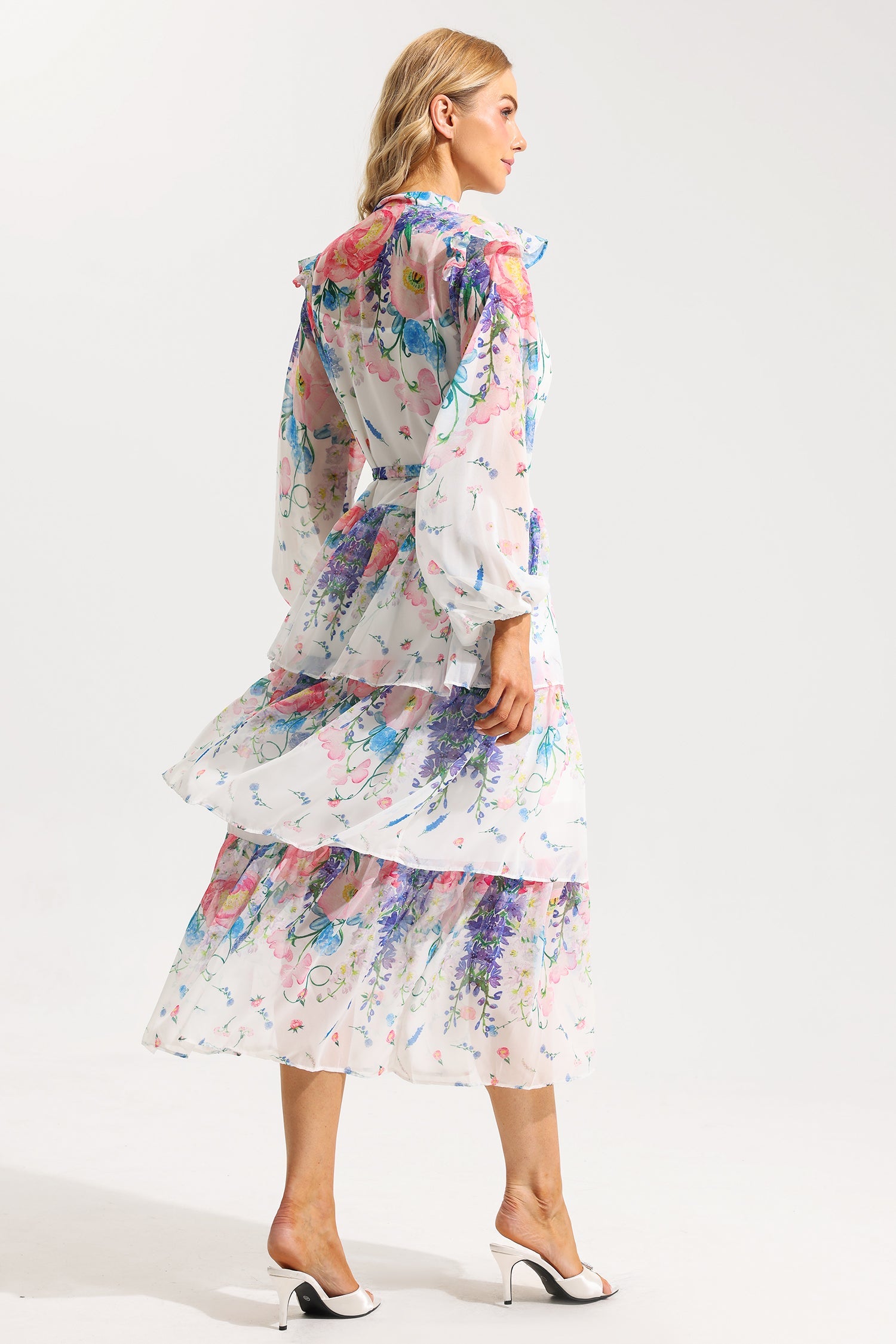 Flowering Girl Women Floral Ruffle Long Sleeve Midi Dress With Belt