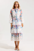 Flowering Girl Women Floral Ruffle Long Sleeve Midi Dress With Belt