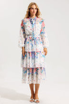 Flowering Girl Women Floral Ruffle Long Sleeve Midi Dress With Belt