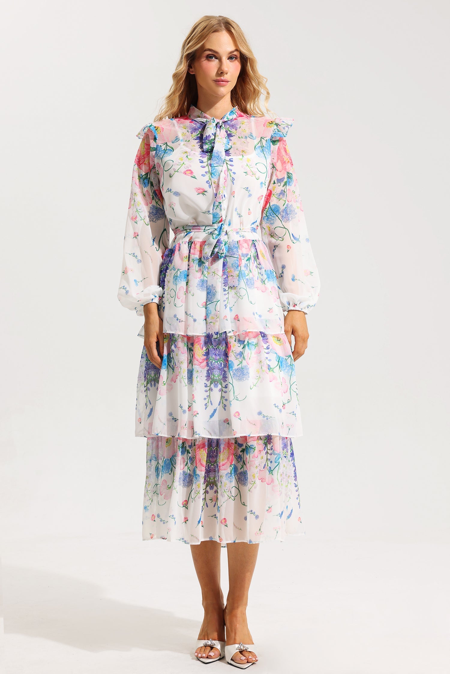 Flowering Girl Women Floral Ruffle Long Sleeve Midi Dress With Belt