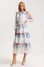 Flowering Girl Women Floral Ruffle Long Sleeve Midi Dress With Belt