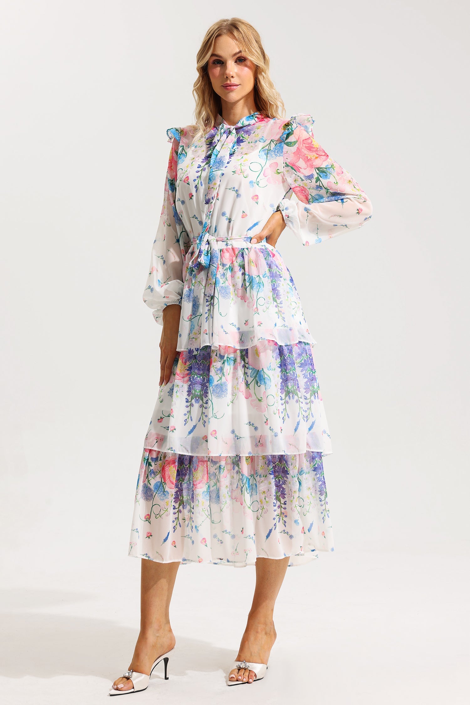 Flowering Girl Women Floral Ruffle Long Sleeve Midi Dress With Belt