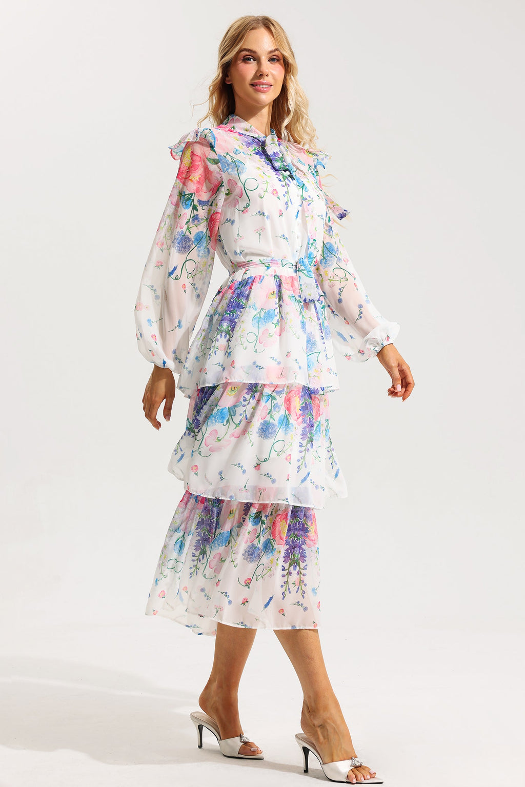 Flowering Girl Women Floral Ruffle Long Sleeve Midi Dress With Belt
