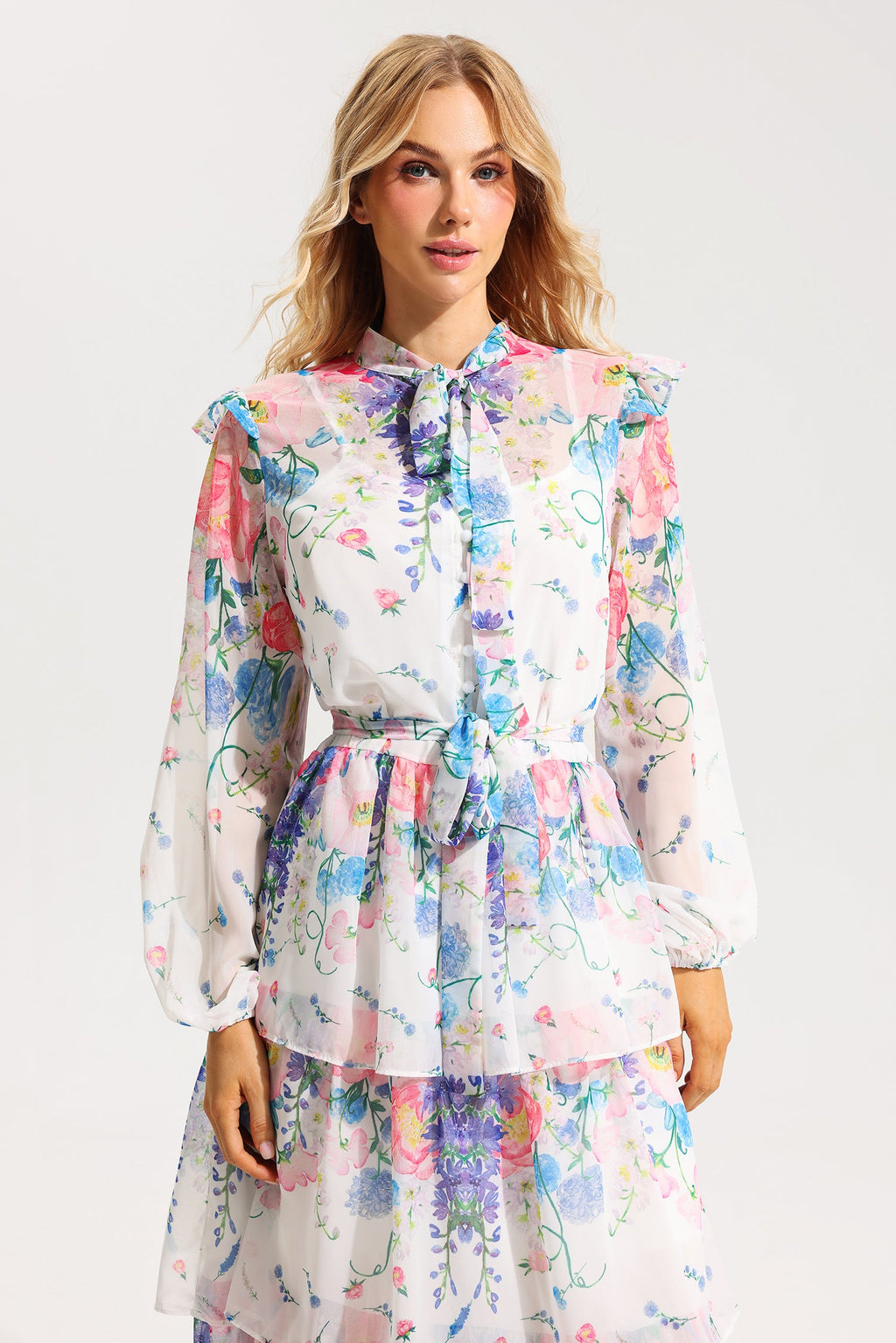 Flowering Girl Women Floral Ruffle Long Sleeve Midi Dress With Belt