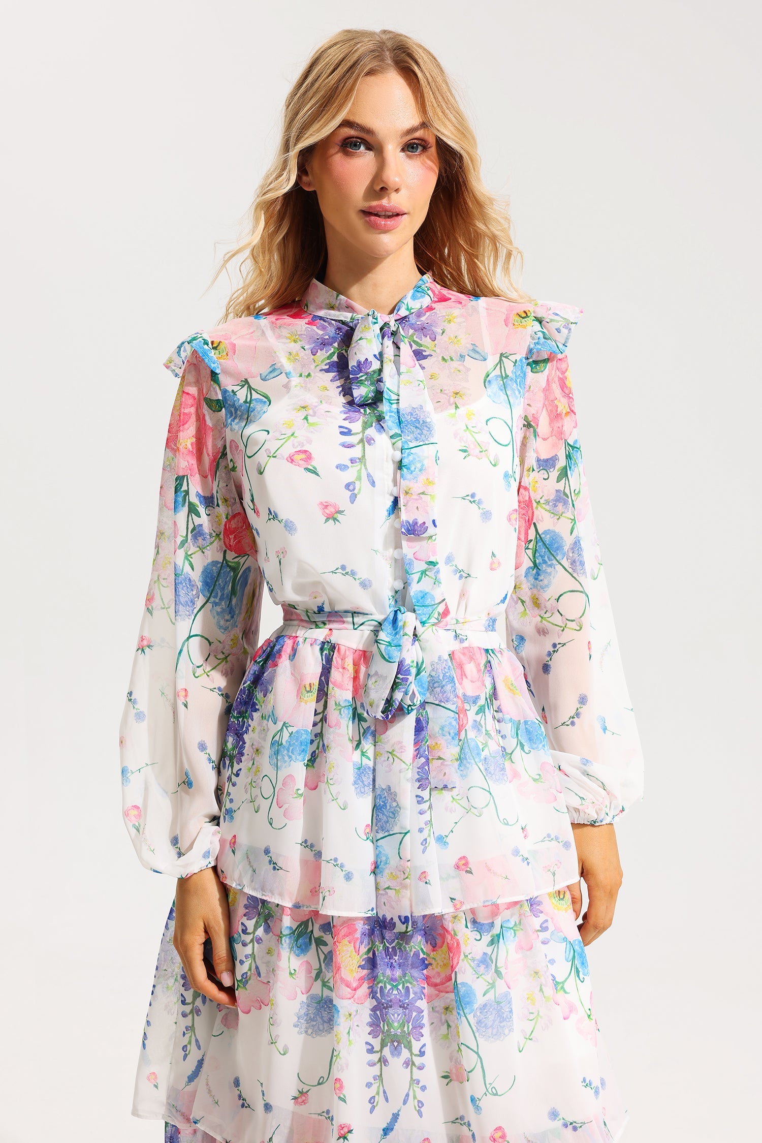 Flowering Girl Women Floral Ruffle Long Sleeve Midi Dress With Belt