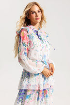 Flowering Girl Women Floral Ruffle Long Sleeve Midi Dress With Belt