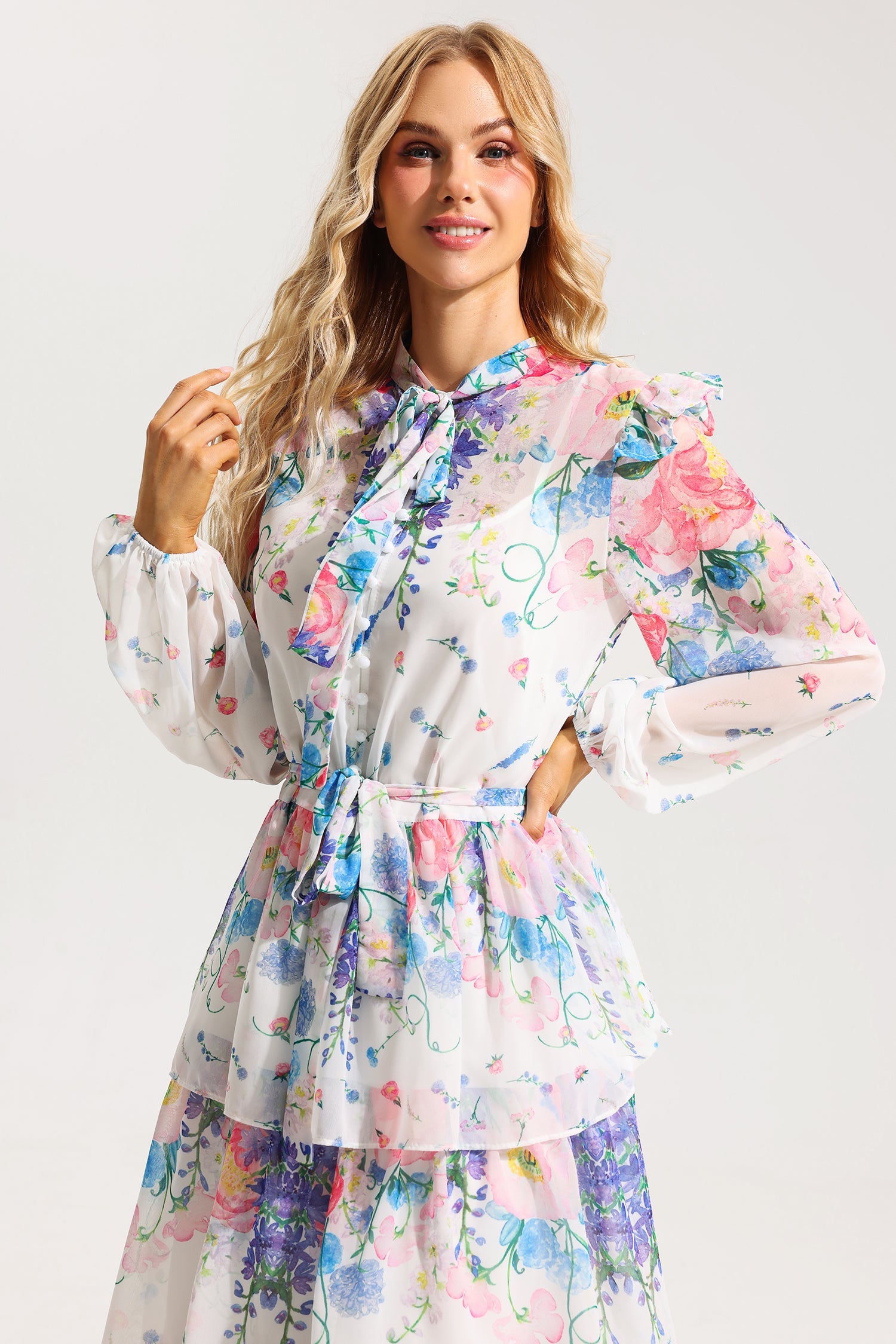 Flowering Girl Women Floral Ruffle Long Sleeve Midi Dress With Belt