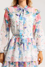 Flowering Girl Women Floral Ruffle Long Sleeve Midi Dress With Belt