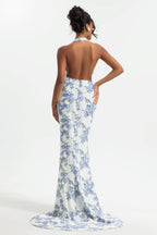 Flowering Girl Women Floral Halter Neck Split Maxi Dress
