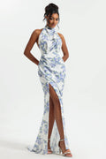 Flowering Girl Women Floral Halter Neck Split Maxi Dress