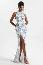 Flowering Girl Women Floral Halter Neck Split Maxi Dress