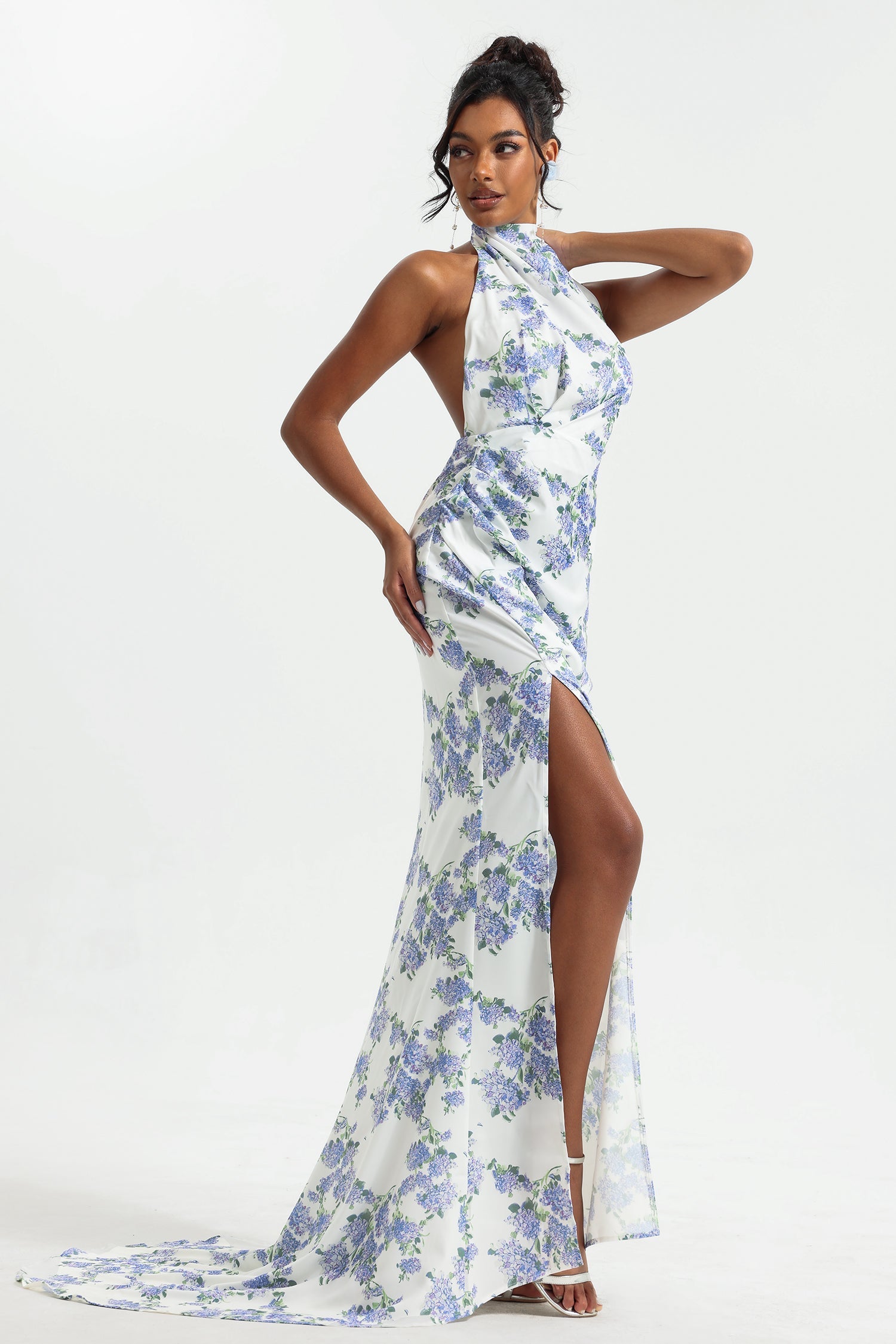 Flowering Girl Women Floral Halter Neck Split Maxi Dress