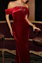 Tove Off Shoulder Velvet Maxi Dress - Red
