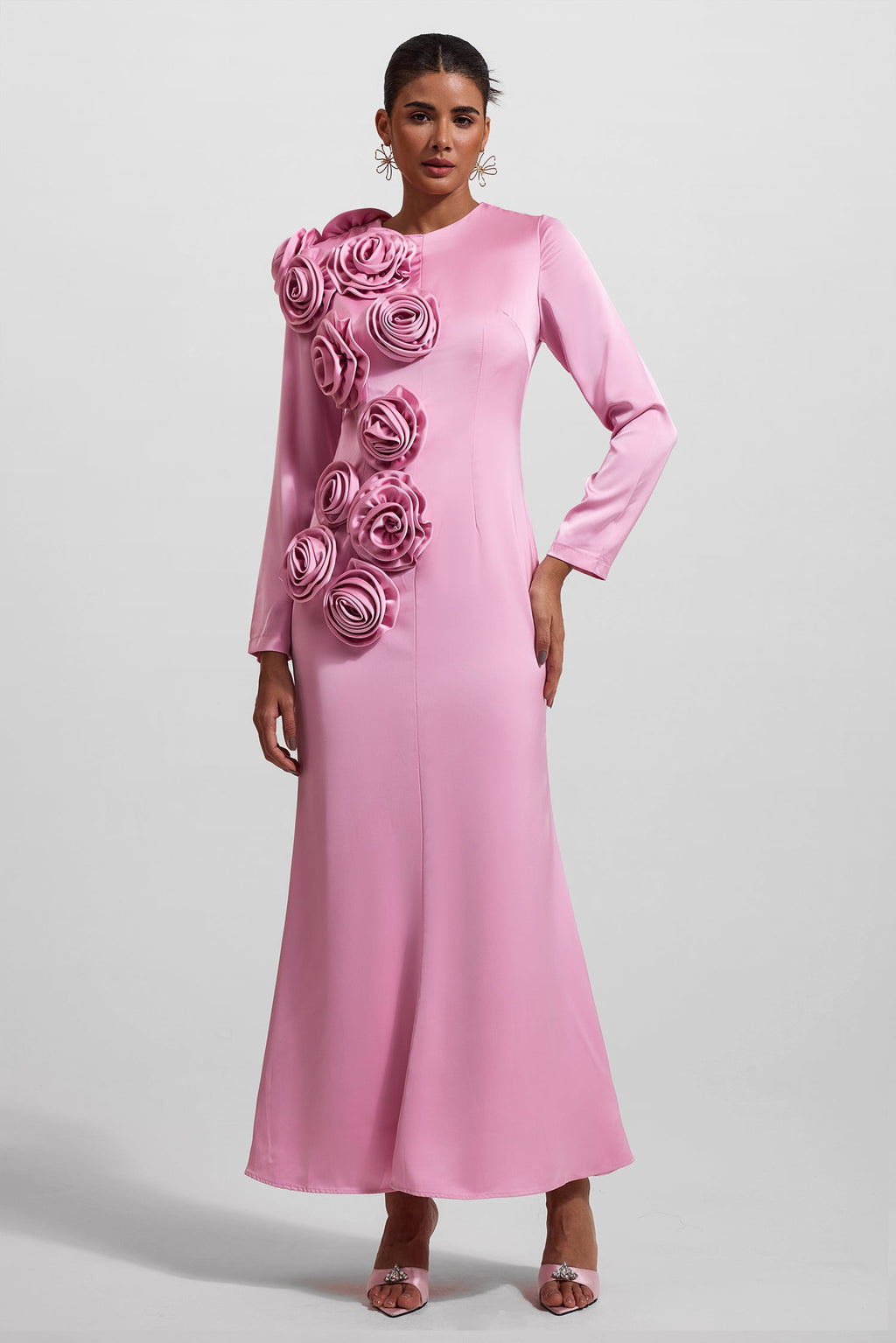 Flowering Girl Women 3D Floral Satin Long Sleeve Midi Dress