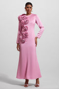Flowering Girl Women 3D Floral Satin Long Sleeve Midi Dress