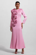 Flowering Girl Women 3D Floral Satin Long Sleeve Midi Dress