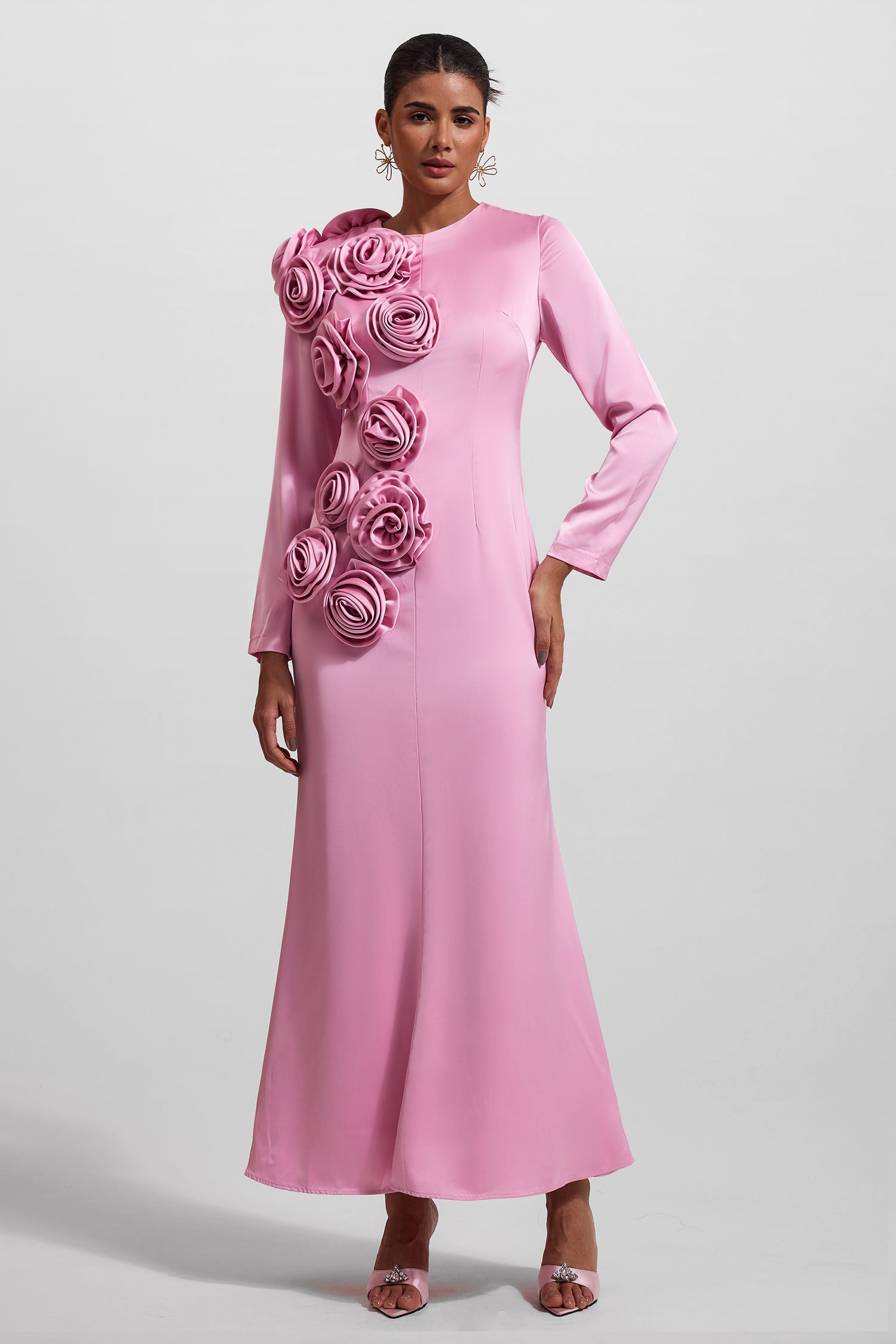 Flowering Girl Women 3D Floral Satin Long Sleeve Midi Dress