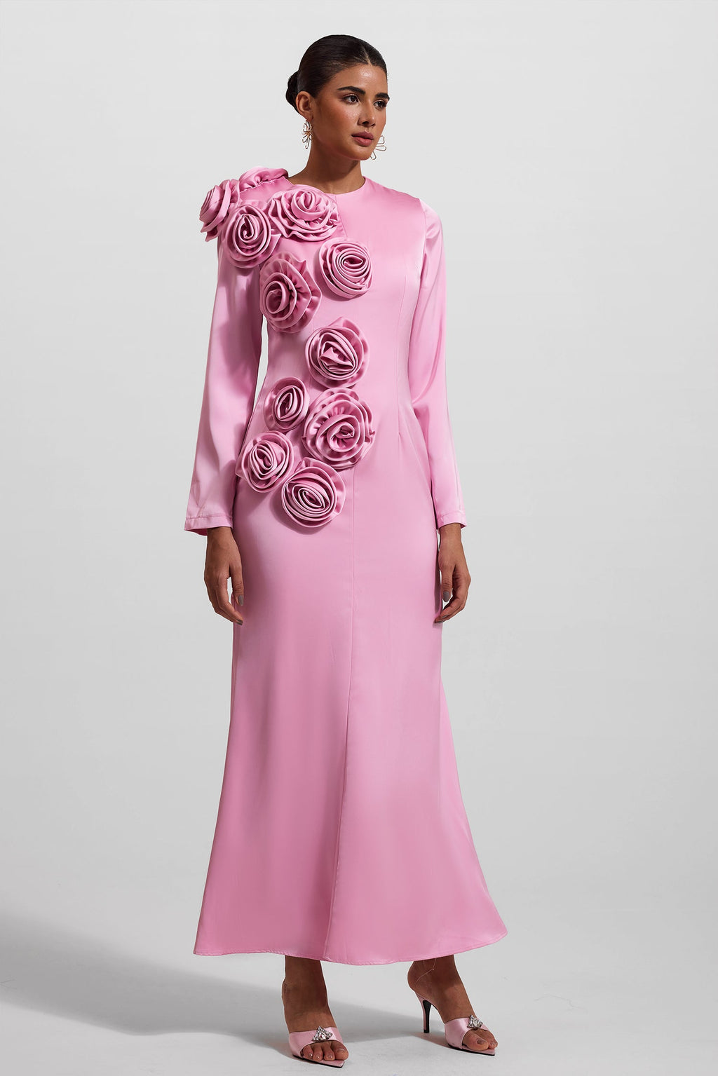 Flowering Girl Women 3D Floral Satin Long Sleeve Midi Dress