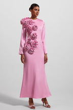 Flowering Girl Women 3D Floral Satin Long Sleeve Midi Dress
